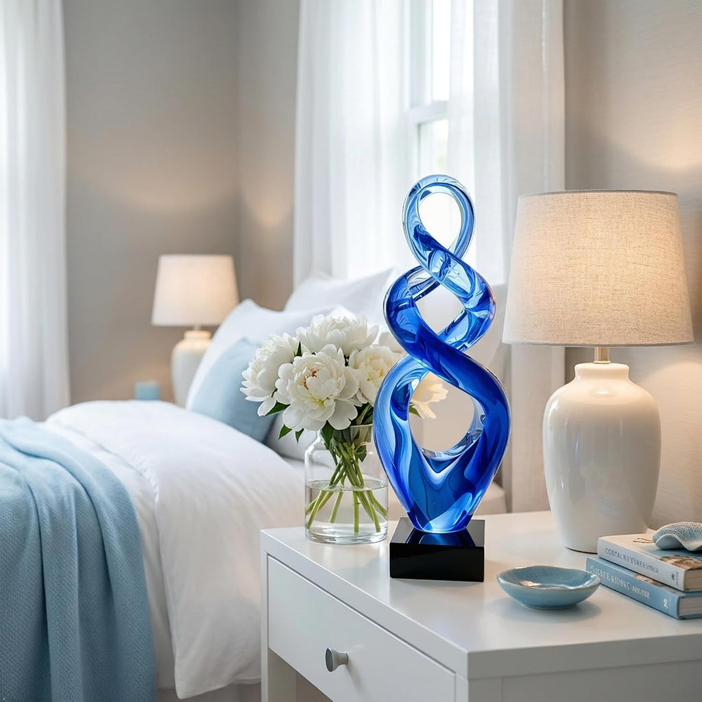 Hand Blown Murano Style Glass Sculpture - Abstract Twist Infinity Modern Glass Artwork, Blue Glass Decor, Entryway - Set of 50