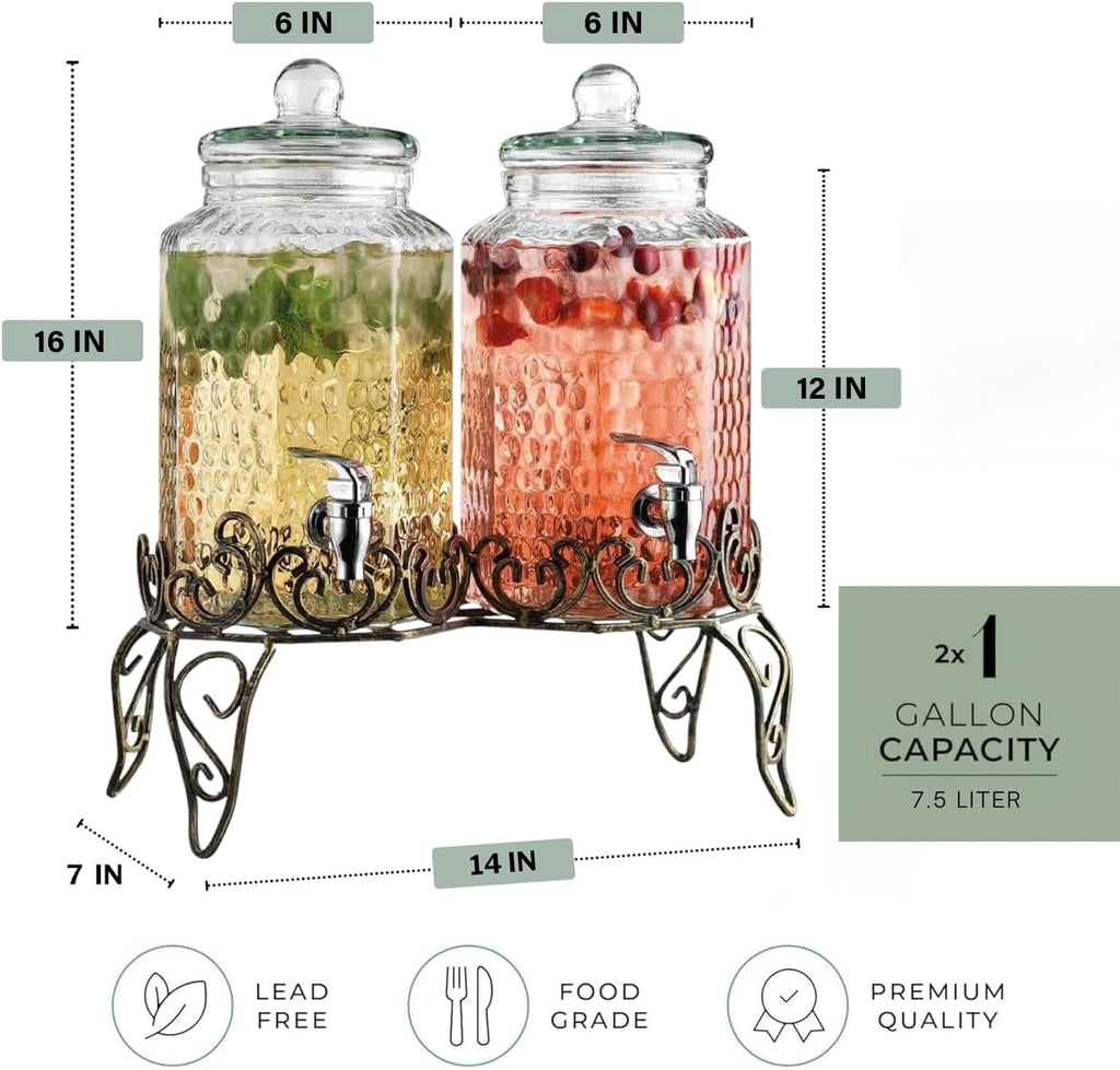 With Classy Metal Stand (), 1.Gallon Glass Drink Dispenser with 100% Leak Proof Spigot, Party Drink Dispenser - Set of 2