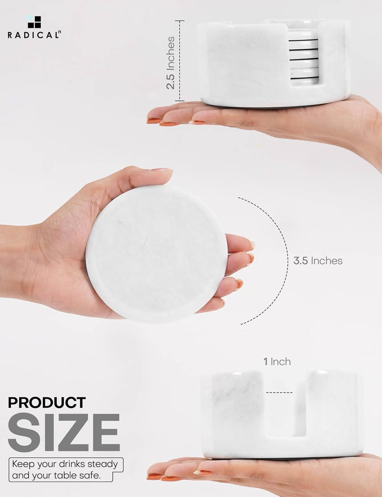 Round Marble Coasters with Holder - White Stone 3.5 Inch - Set of 6