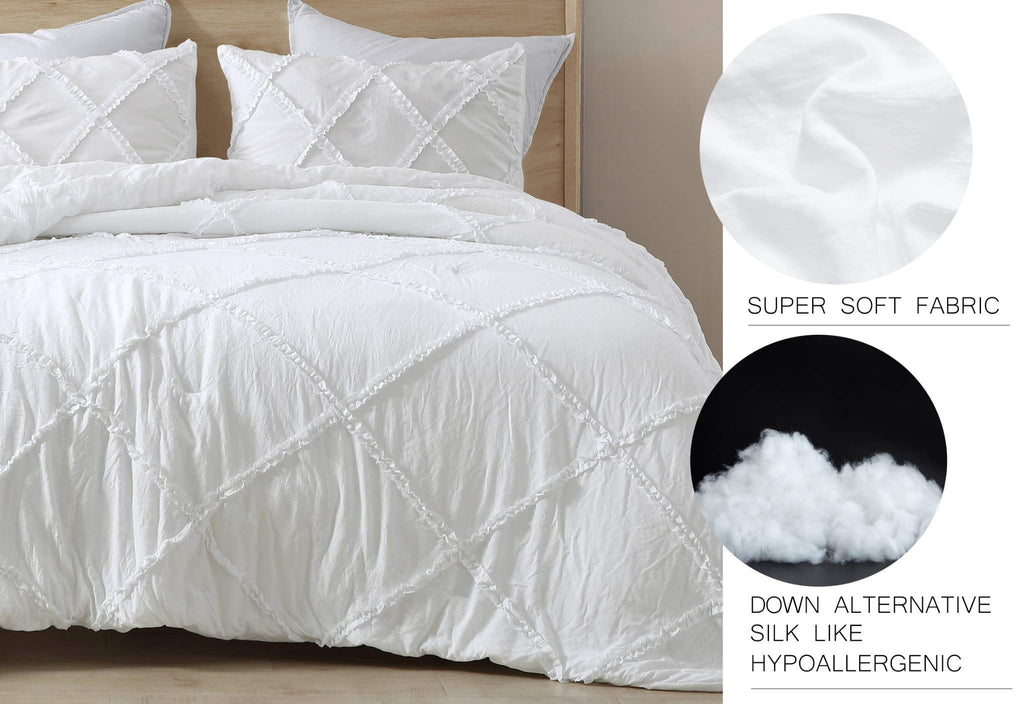 Vivian 3-Piece Diamond Ruffle Quilted Trim Soft Washed Microfiber Comforter Set (White)