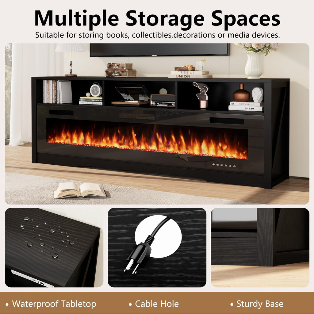 65" with 60" Electric Fireplace, Modern LED Entertainment Center for TVs Up to 75", Open Storage Media Console