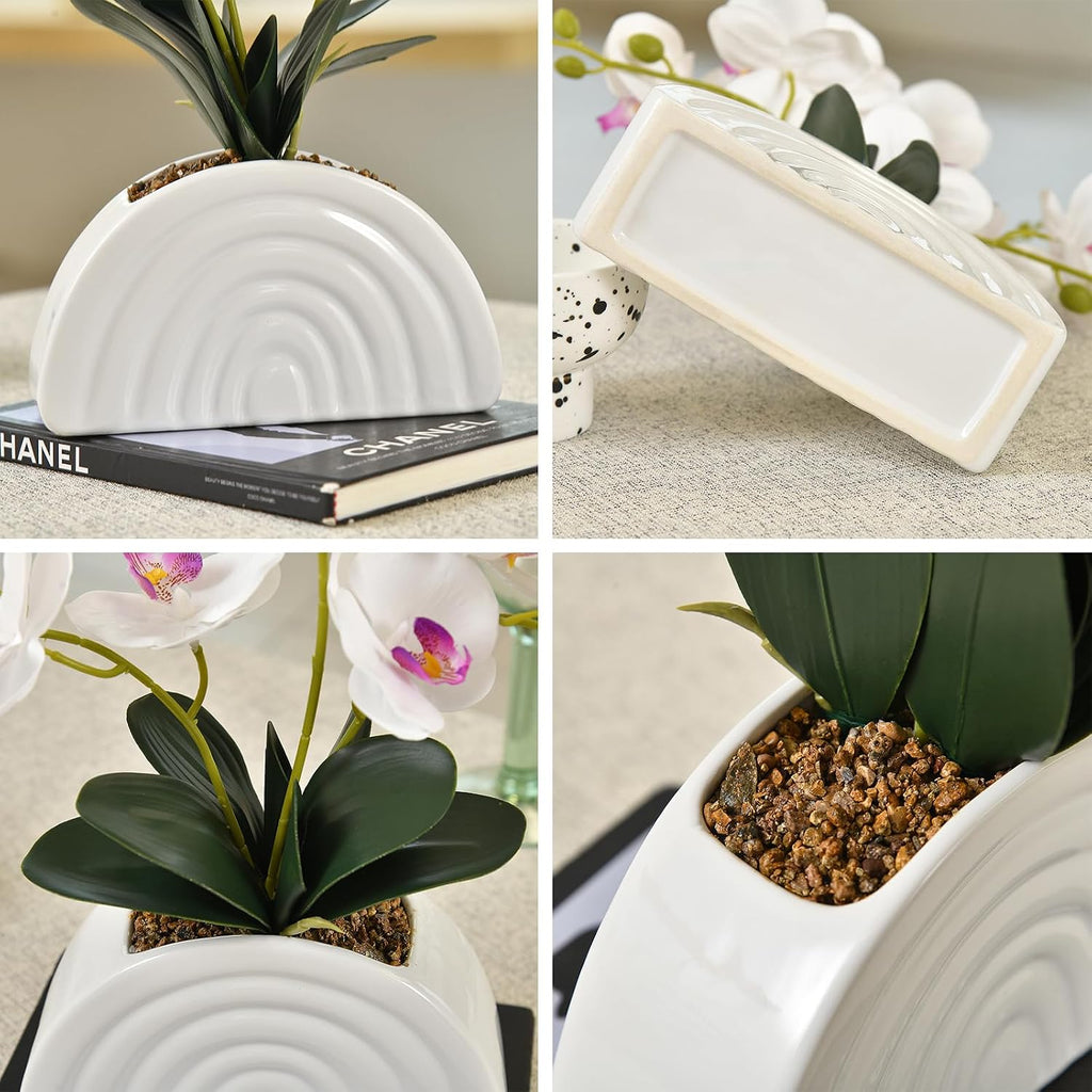 Dark Purple Silk Orchid Plant in White Rainbow Pot for Table Décor