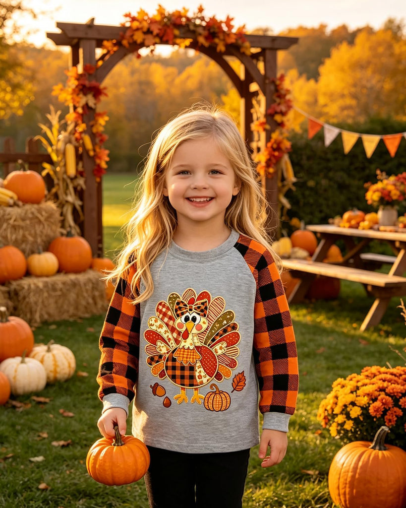 Girl Thanksgiving Shirt Turkey Thankful Orange Plaid Long Sleeve Top