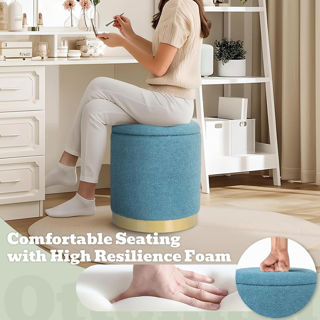Boucle Round Storage Ottoman with Removable Lid, Small Upholstered Foot Rest Stool with Gold Plating Base, Living