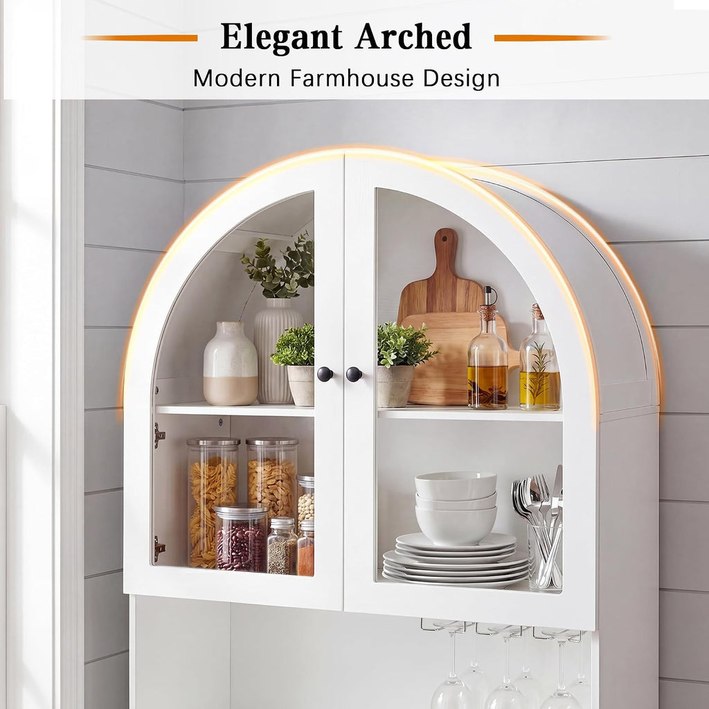 75" Arched Kitchen Pantry Cabinet with Charging Station, White | Coffee Bar Hutch with Adjustable Shelves, 2 Drawers