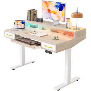 Standing Desk with Two Drawers, Stand Up Standing Desk Adjustable Height, Electric Sit Stand Table with Storage Shelf