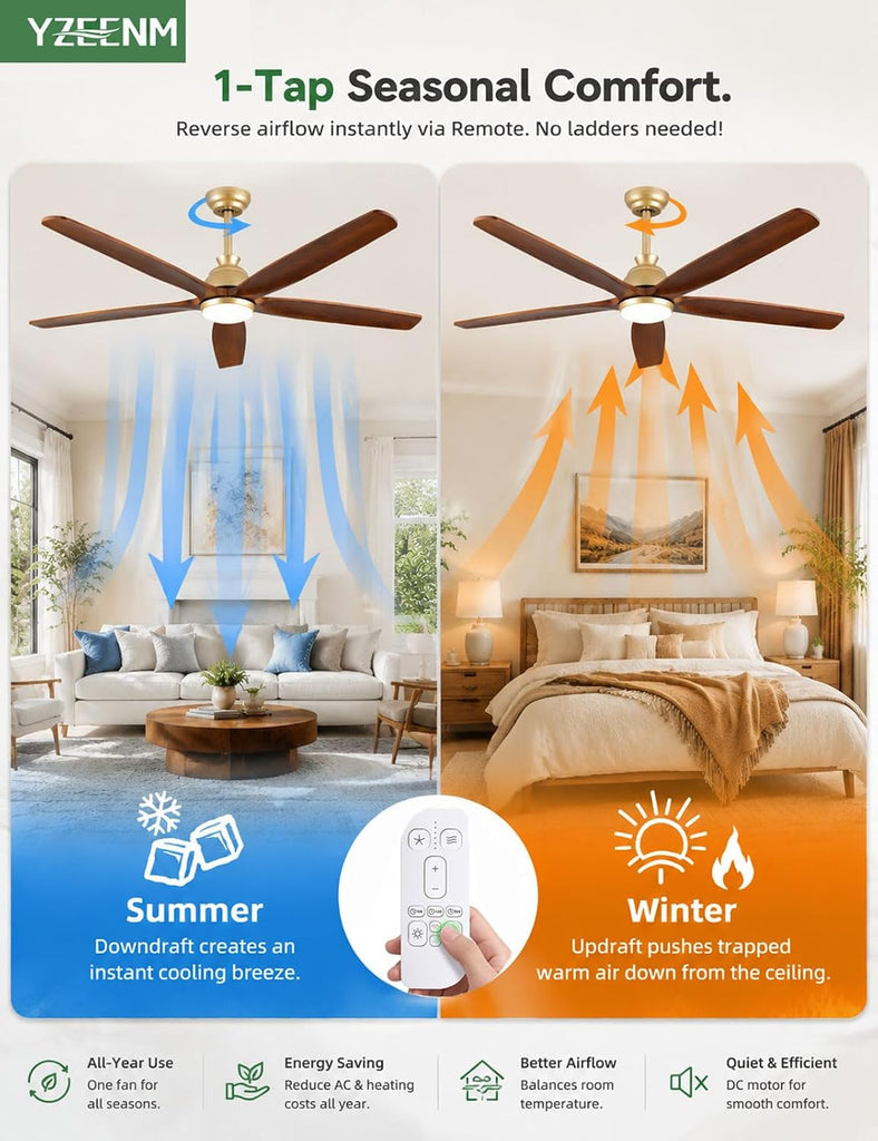 72 Inch Ceiling Fan with Light, Gold Brass Finish, 5 Solid Walnut Wood Blades, Remote, Quiet DC Motor for High Ceilings