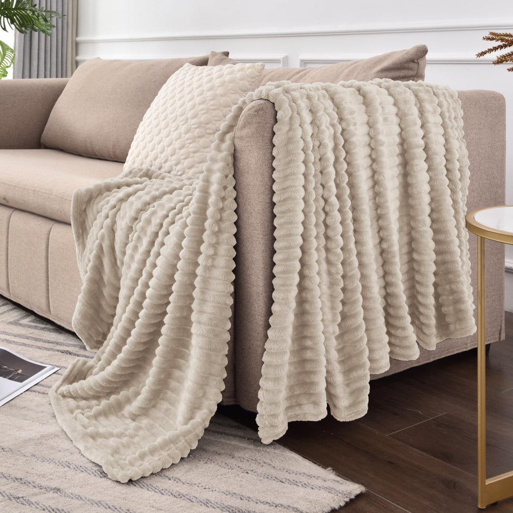 3D Ribbed Linen Fleece Fall Throw Blanket for Couch, 50x60 Inch