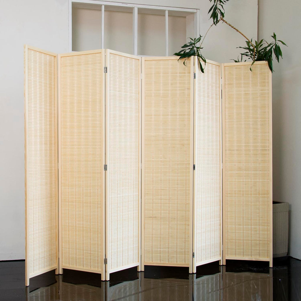 6 Panel Bamboo Room Divider - 5.6 ft Tall Natural Beige Folding Privacy Screen, Double-Sided Freestanding Partition