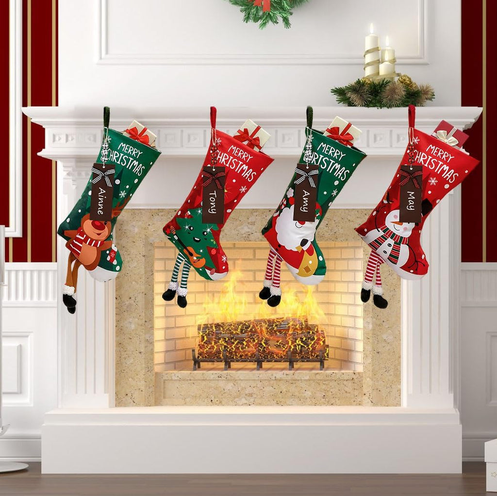 New 4 Pack Christmas Stockings with Name Tags,18" Large Personalized Deer Santa Non-Woven Xmas - Set of 4