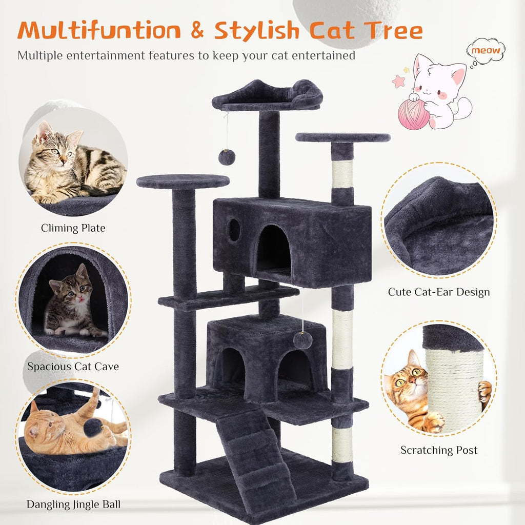 54 Inch Cat Tree Tower, Multi-Level Tower with Cat Scratching Post, Indoor Cat Condo with Climbing Ladder, Plush Toy