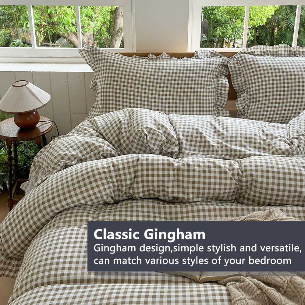 Tan Gingham Ruffle Duvet Cover King, 3 Pieces Taupe Soft Pre-Washed Microfiber Checked Plaid Comforter Cover Set