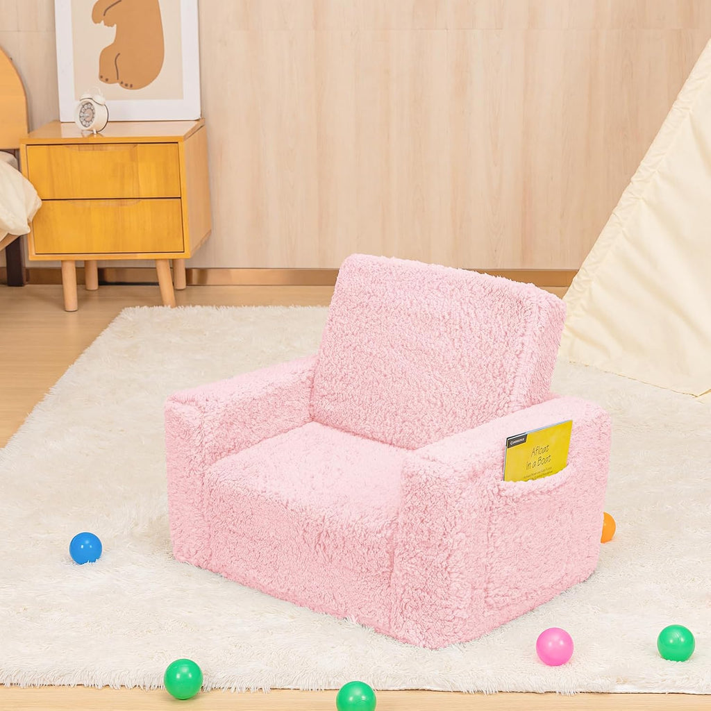 Toddler Couch Convertible Sofa to Lounger Pull Out Couch Sherpa Cover Dark Pink