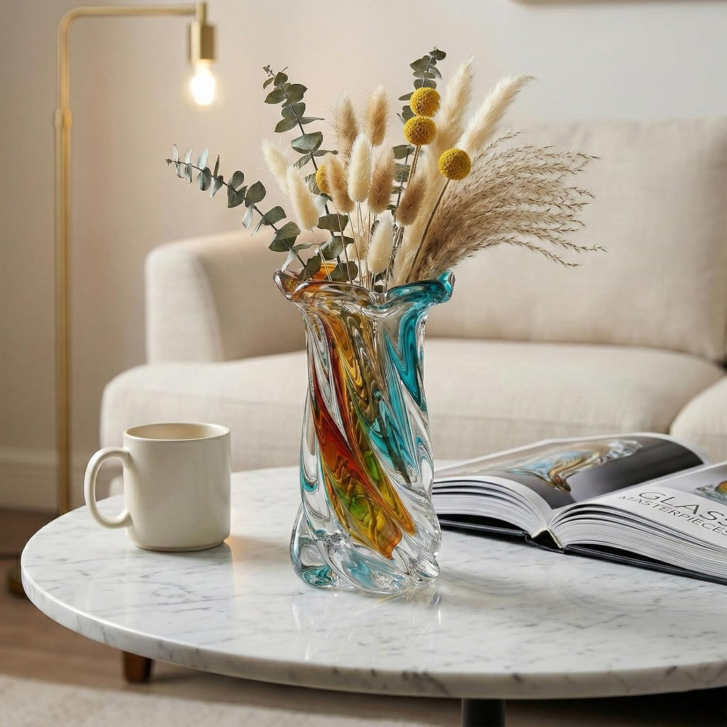 Hand Blown Glass Vase Clear, Beautiful Sea Glass Flower Vases for Bouquet