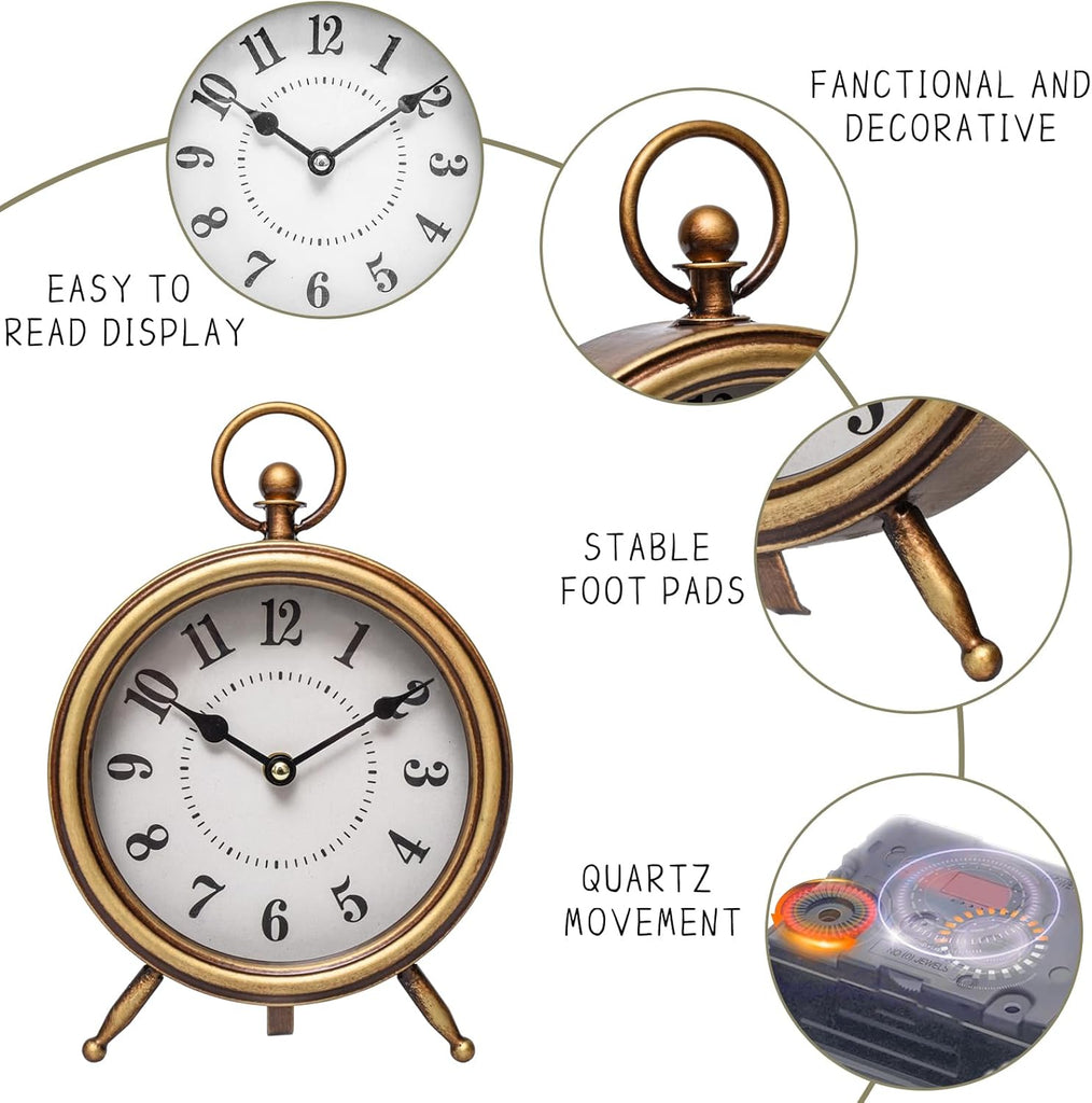 Antique Gold Finish Mantel Clock - Vintage Gold Table Clock on Stand, Decorative Desk and Shelf Clock