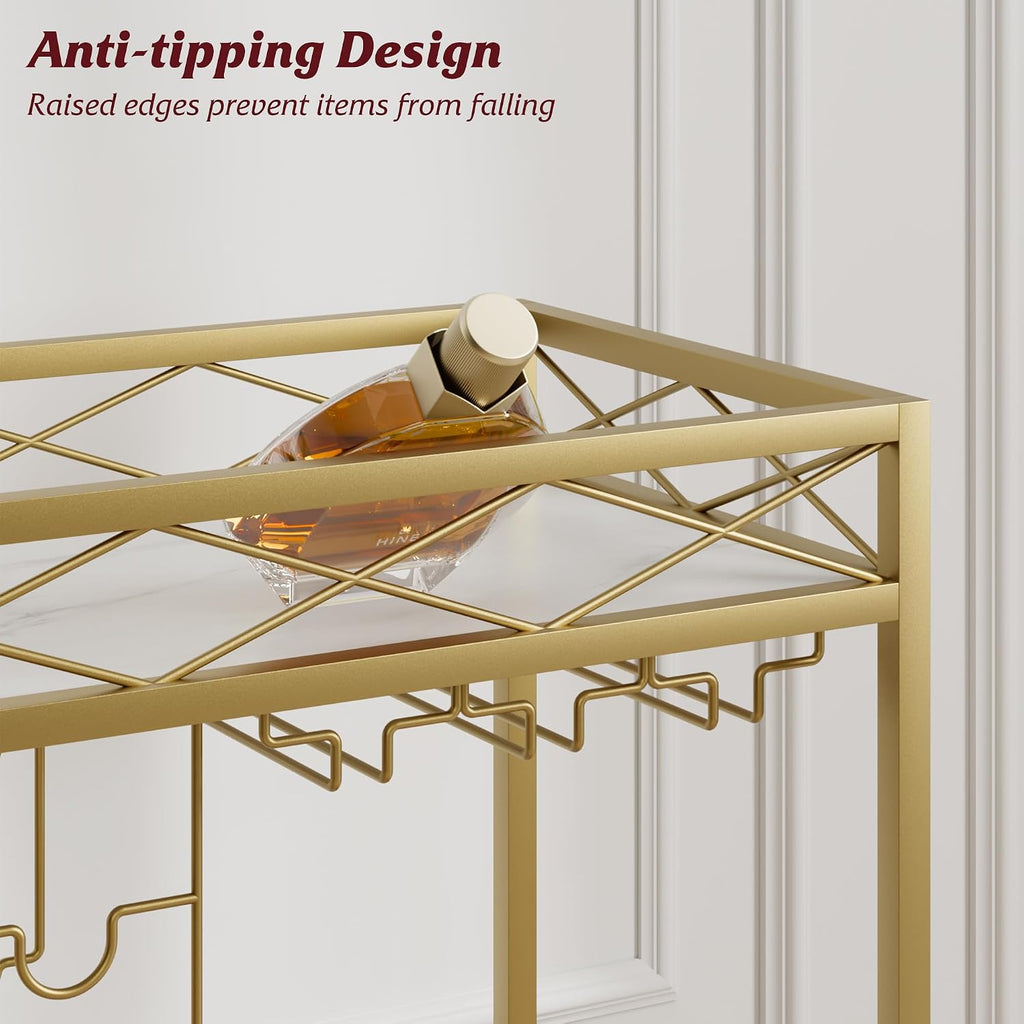 Gold Bar Cart with White Marble Shelves, Slim Serving Cart | Lockable 360° swivel wheels and anti-scratch foot pads