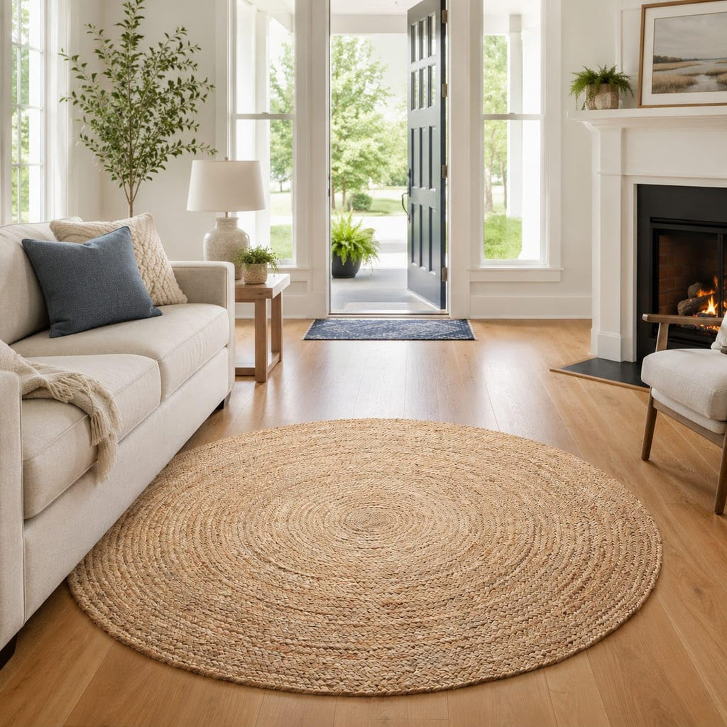 Jute Area Rug 9ft Round Handwoven Natural Braided Rustic Reversible