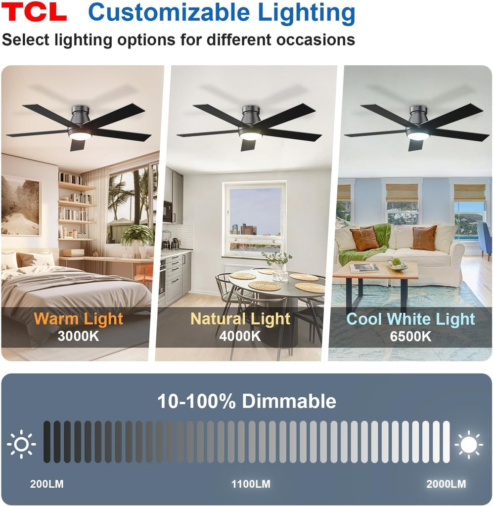 52" Ceiling Fan with Lights, Black Flush Mount Ceiling Fans with Remote Control, 6 Speeds DC Reversible, Dimmable, Noiseless, Low Profile Ceiling Fans for Bedroom A101-B0D4Z9M7T7