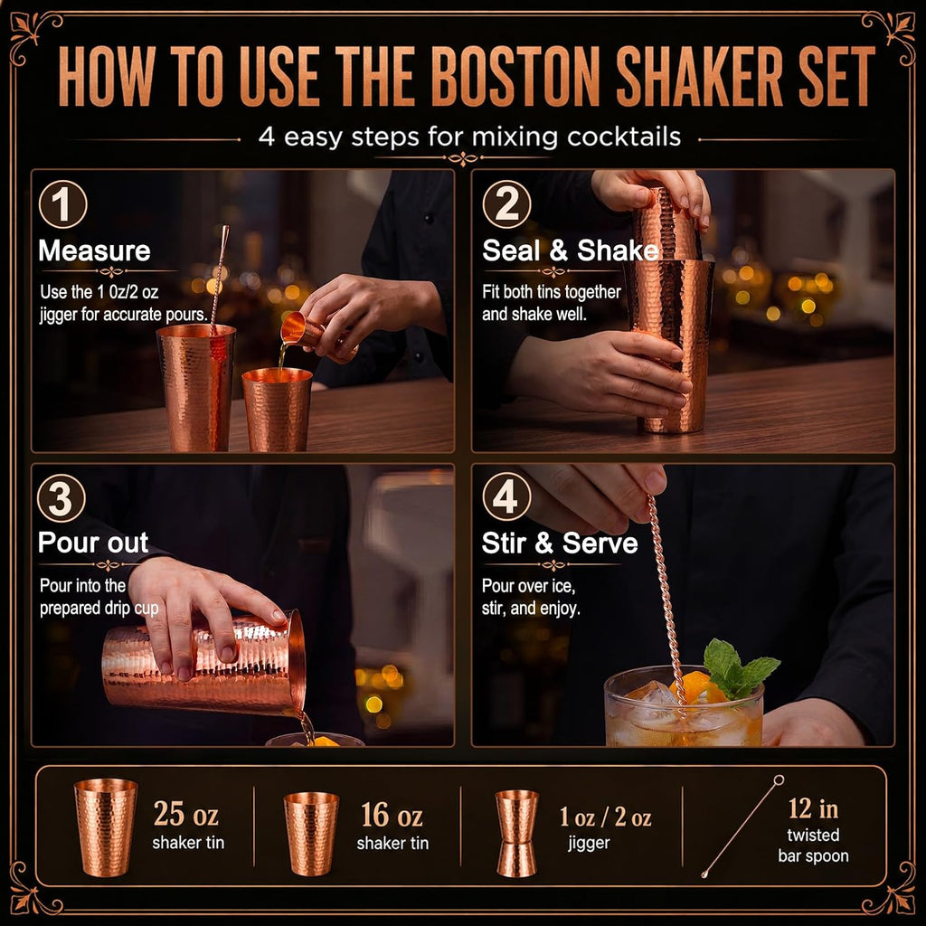 100% Solid Copper Boston Cocktail Shaker Set 16 oz & 25 oz Boston Cocktail 1oz & 2oz Doubleheaded Jigger and 12 - Set of 4