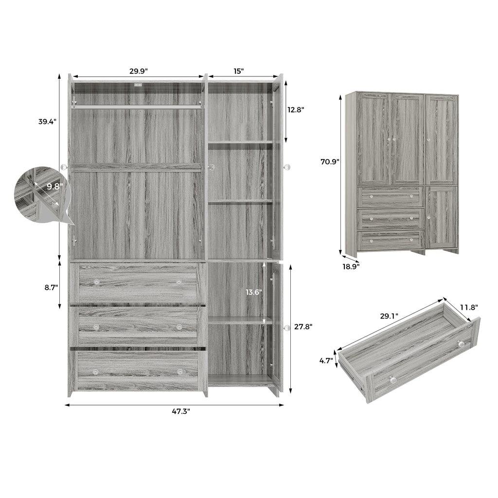 71" Armoire Wardrobe Closet with 3 Drawers and Mirror