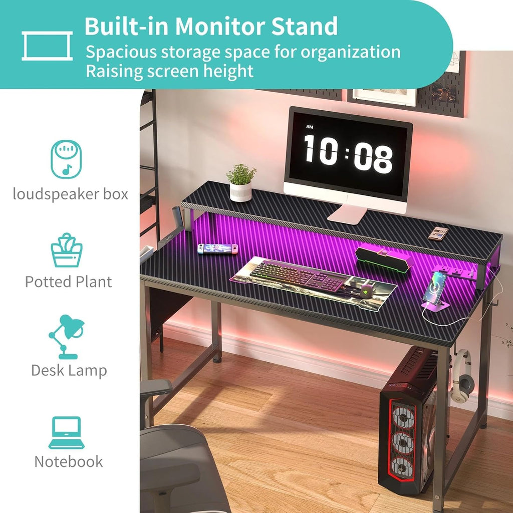 Gaming Desk with Power Outlets and LED Lights, 40 Inch Gamer Desk Table with Charging Station, Home Office Computer