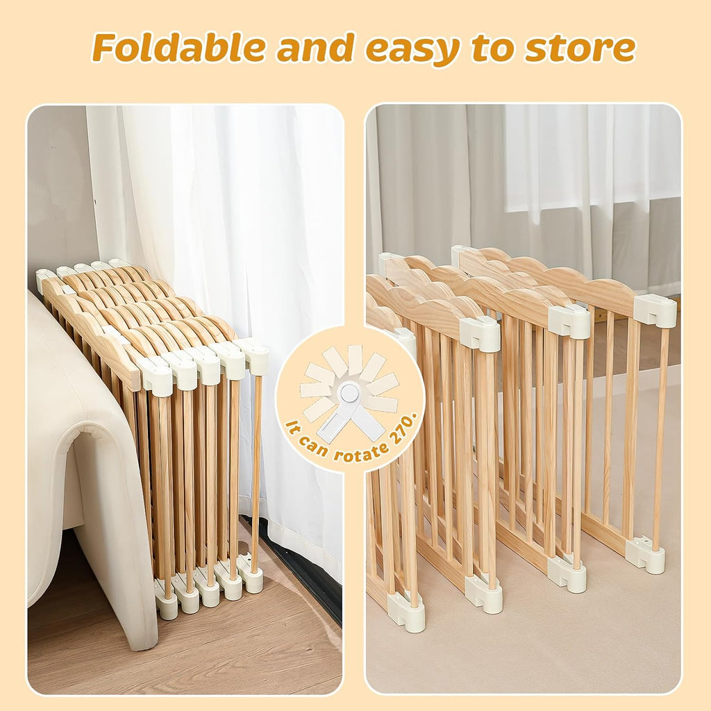 Wooden Baby Playpen 69x69 Inch Foldable Toddler Fence with Safety Lock | Extra Large Natural Wood Foldable Baby