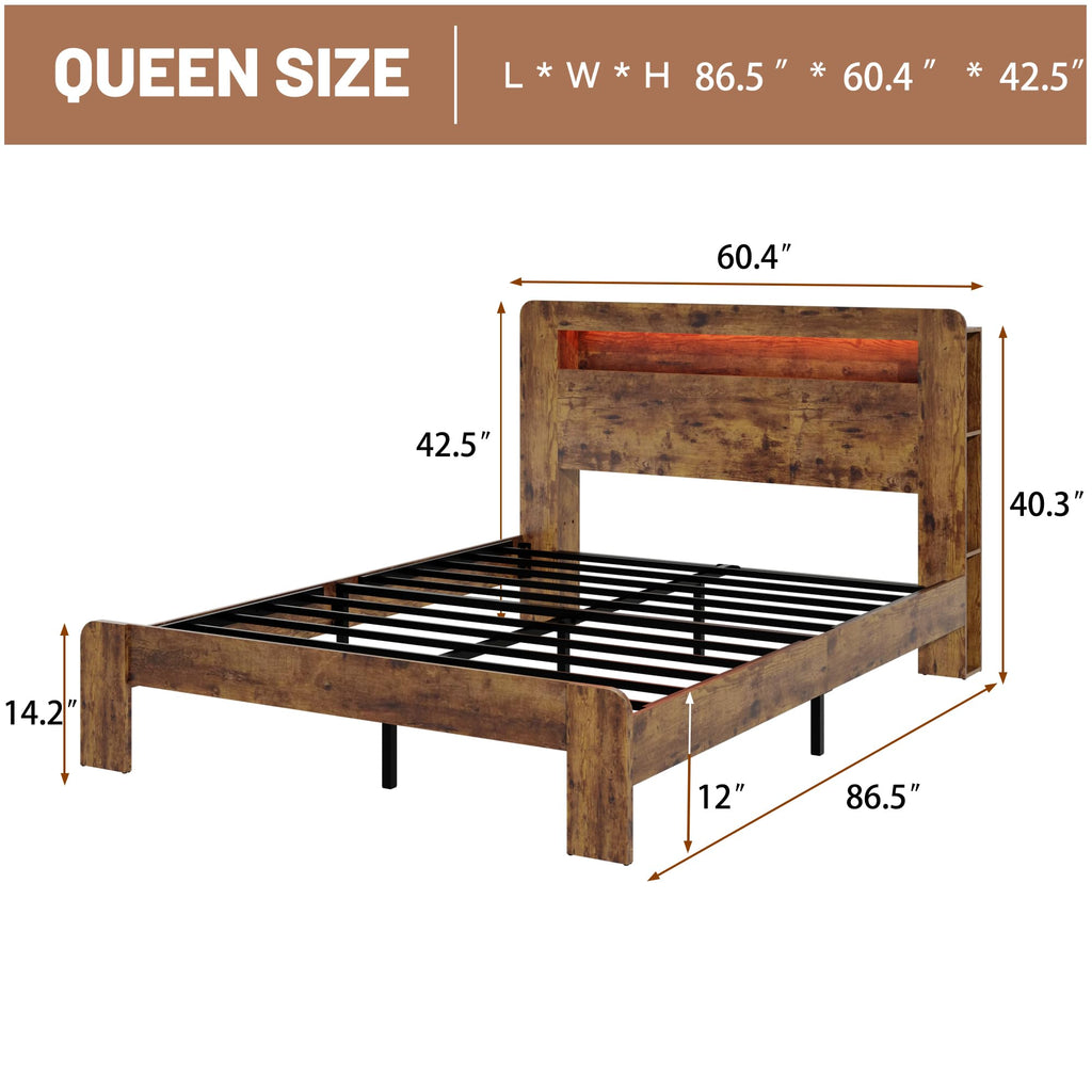 Wooden Bed Frame with Storage Headboard, Farmhouse Platform Bedframe with Bookcase Shelf & Led Lights