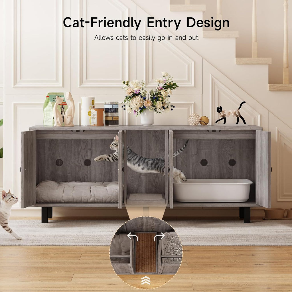 59 Inches Cat Litter Box Enclosure for 2 Cats, Grey
