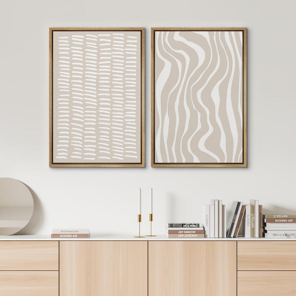 Framed Canvas Print Wall Art Set Tan White Geometric Stripe Collage Abstract Shapes Cozy Neutral Modern Art Minimal