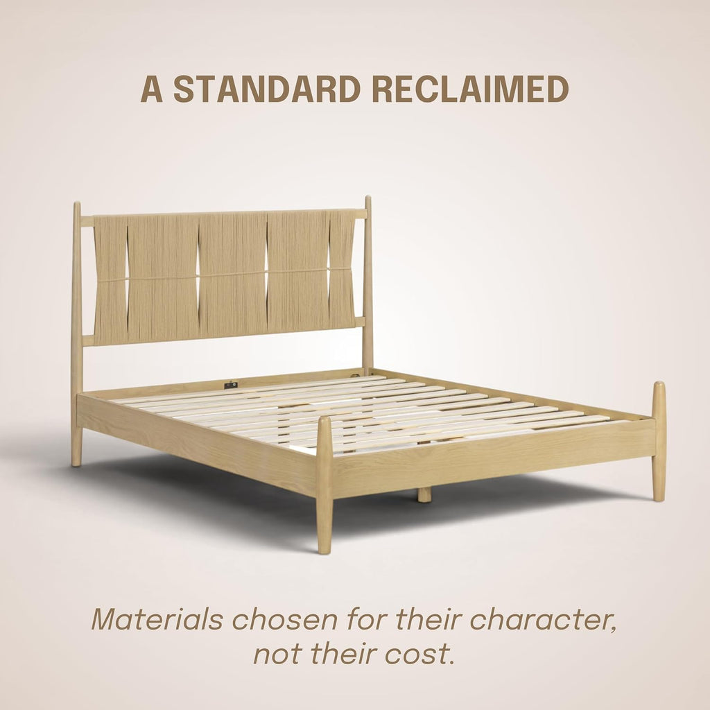 Marenzo Queen Platform Bed with Handwoven Headboard - American Oak Veneer, Solid Oak Legs, Artisan Craftsmanship