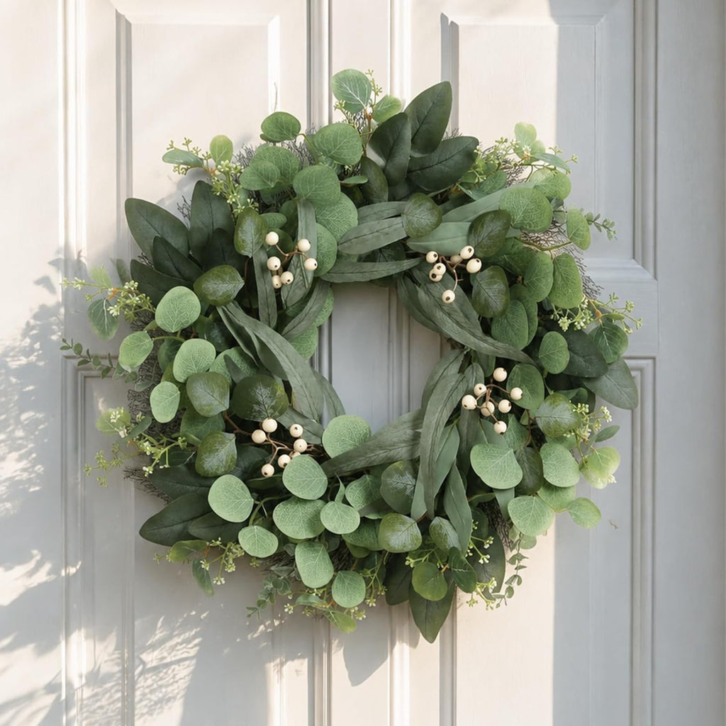 24 Inch Eucalyptus Wreath for Front Door, Artificial Greenery Wreath with White Berries, Green Door Decor Outdoor