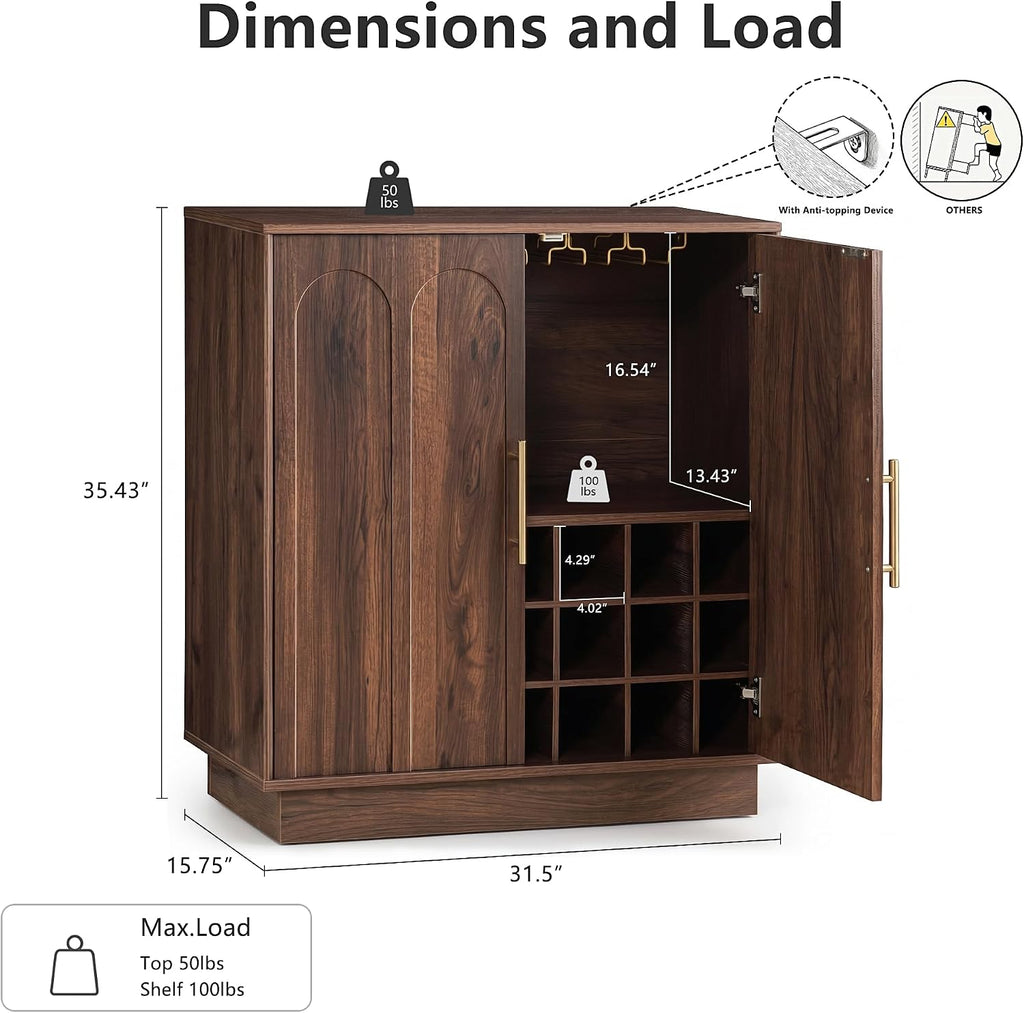 31.5" Wine Bar Cabinet, Mid Century Modern Sideboard, Walnut | Liquor Cabinet with 3 Stemware Racks, 21 Wine Racks