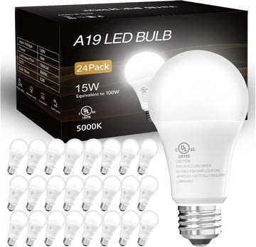 24 Pack LED Bulbs Daylight White 5000K, 100 Watt Equivalent A19 Standard Bulbs, E26 Base, 1500 LM, Efficient 15W