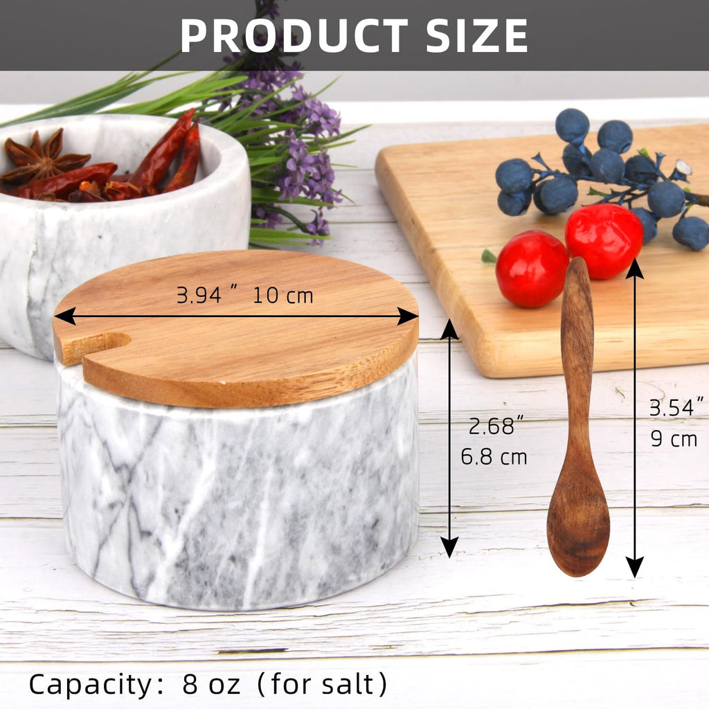 Marble Salt Cellar Box with Wood Lid & Spoon, Light Grey Bowl - Set of 3