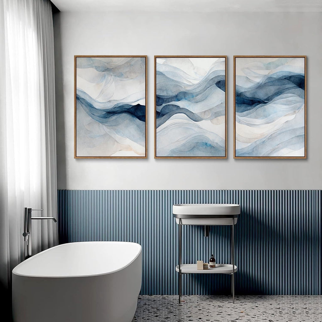 3 Piece Large Abstract Framed Wall Art , Smoke Texture Ink Navy Blue Canvas Wall Art Modern Minimalist Art Prints