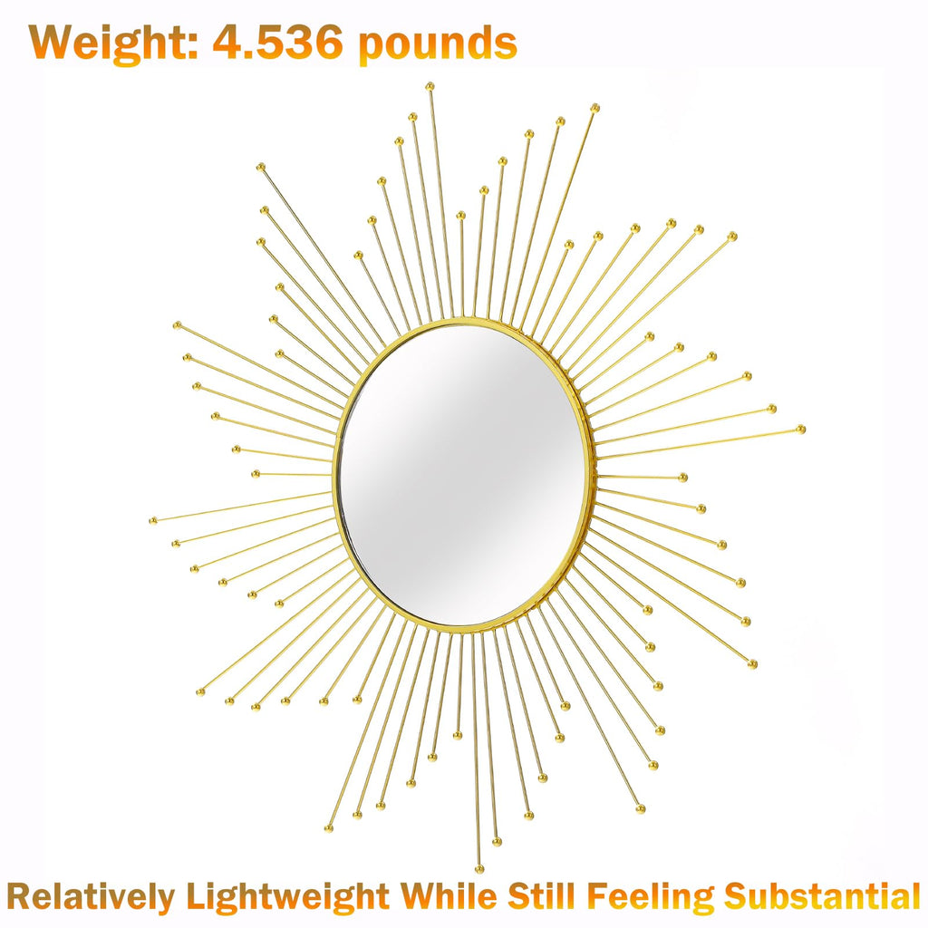 Large Gold Sunburst Mirror - 31" Starburst Wall Mirror with 12" Round Glass, Mid-Century Modern Elegant Gold Sun
