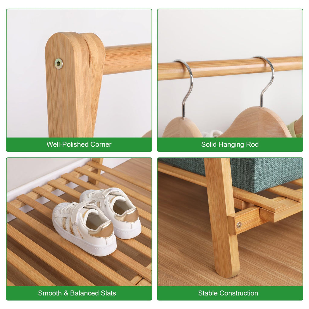 Bamboo Child Garment Rack Foldable with 2 Tier Storage Shelf