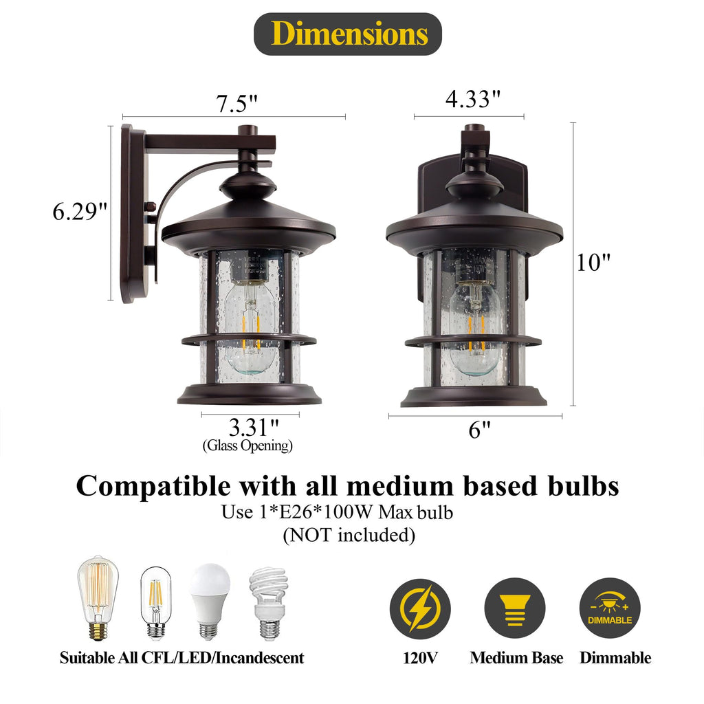 2 Pack Oil Rubbed Bronze Outdoor Wall Light, 10 Inch Rustic Cottage