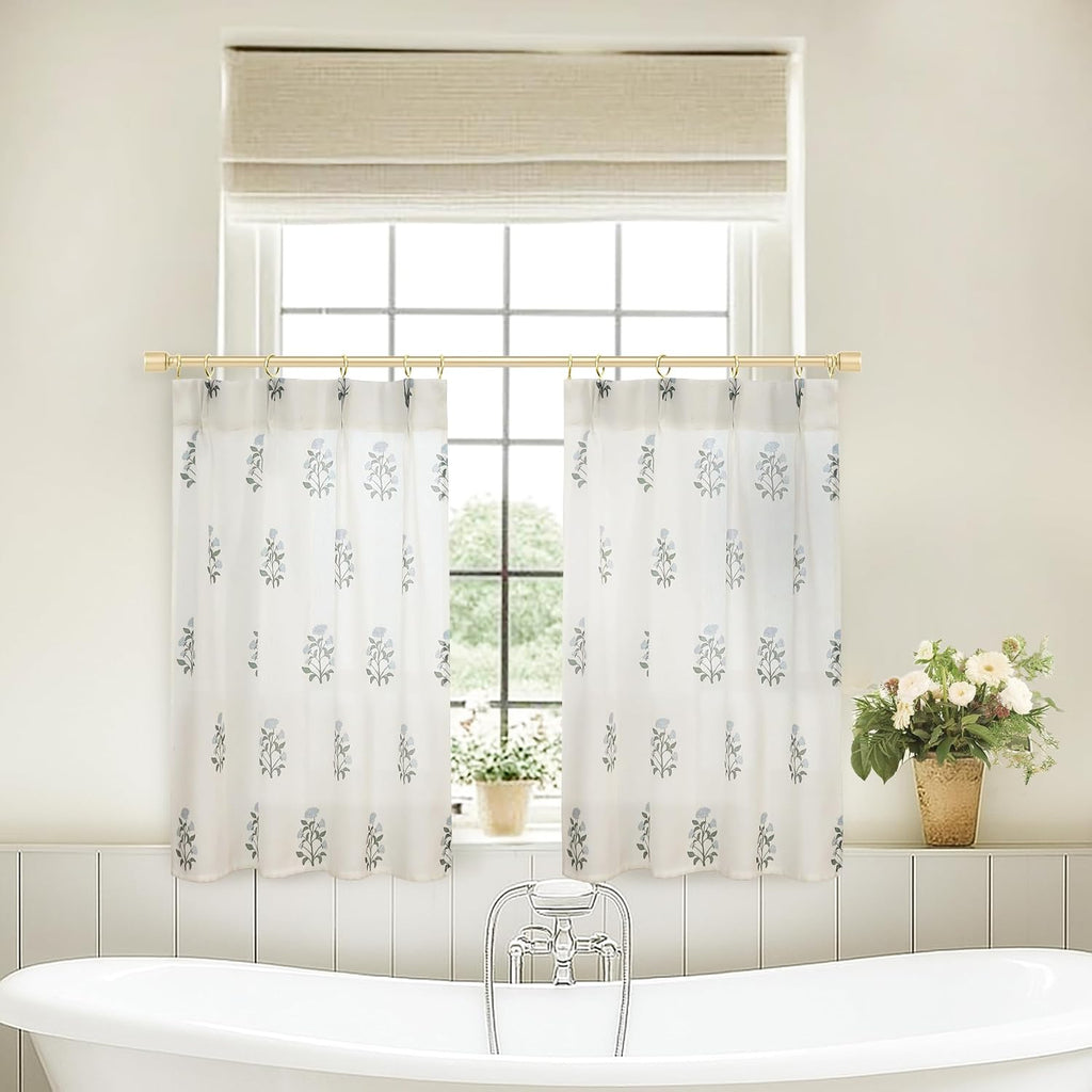 Cafe Curtains,Pinch Pleated Small Window Curtains Over Sink,Farmhouse Linen Sheer Blue and Green Floral Vintage Block