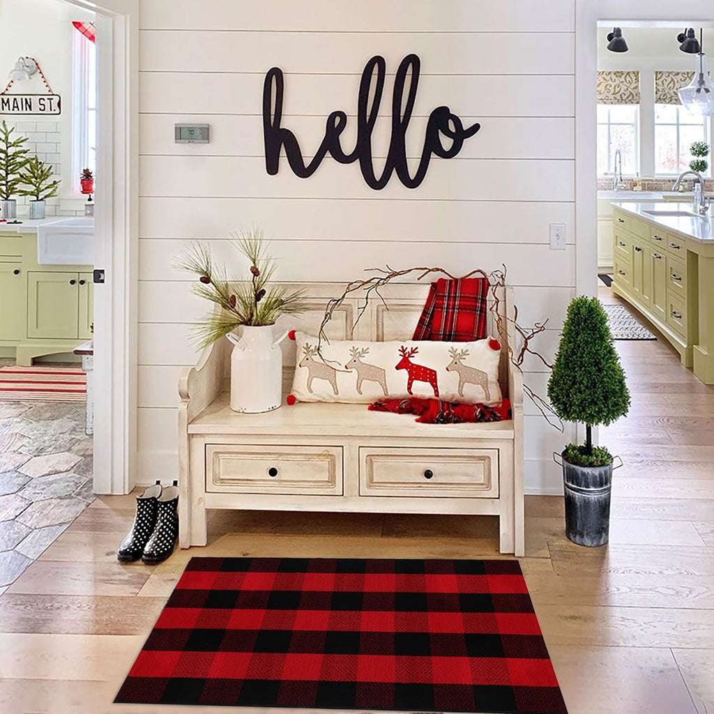 Christmas Door Mat Outdoor 27.5"x43" Buffalo Plaid Christmas Decor Rug Cotton Hand-Woven Layered Door Mats Washable