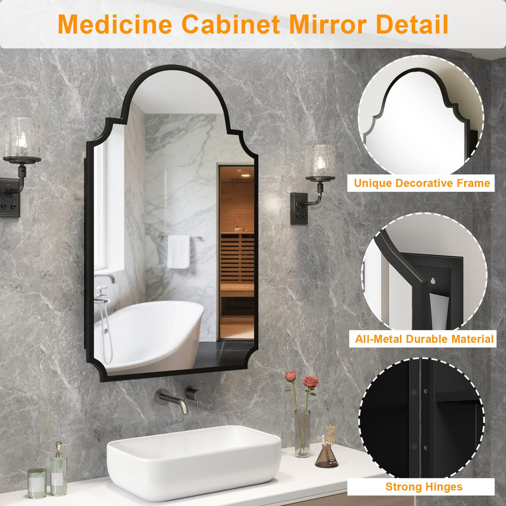 Black Decorative Medicine Cabinet Mirror, 20"x32" Recessed or Surface Mount Metal Irregular Medicine Cabinet
