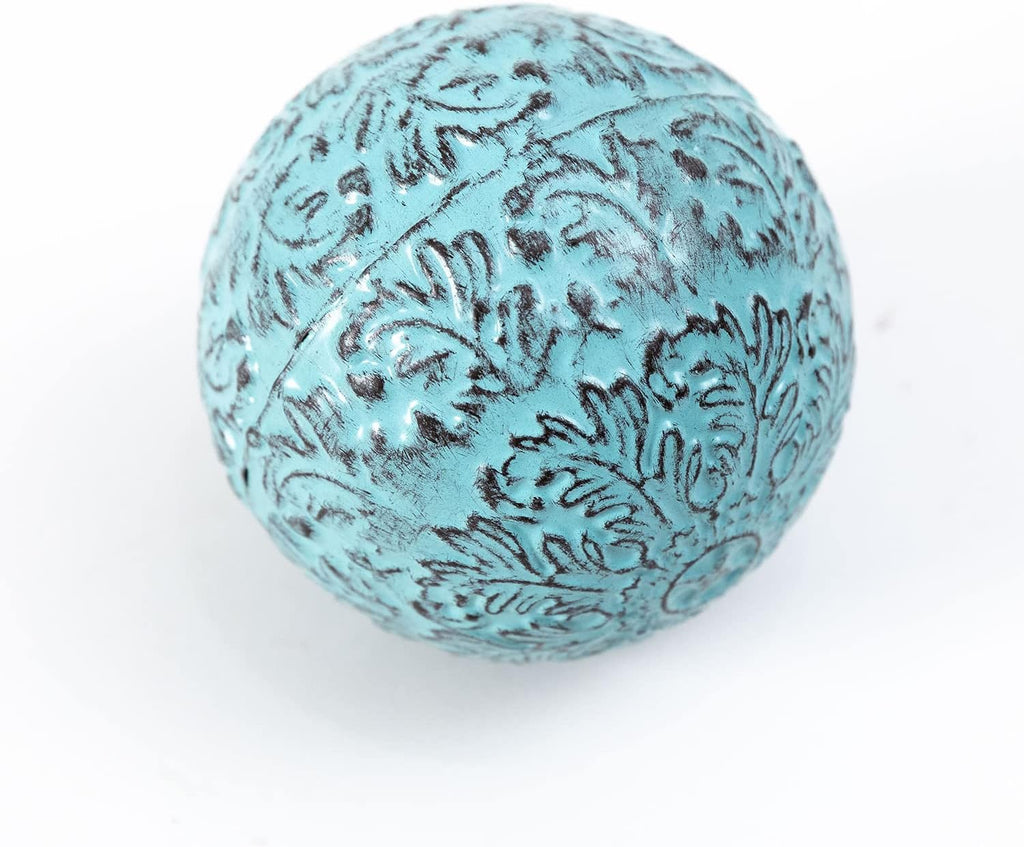 Decor for Table Iron Decorative Sphere Orbs Decorative Balls 3.35 Inches Blue Turquoise Flower Metal Hollow Damask