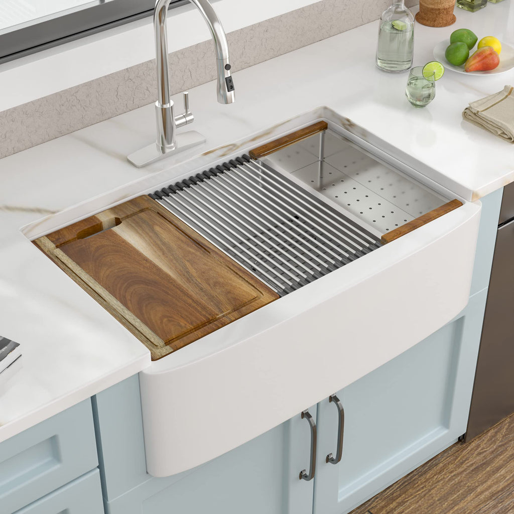 33 Inch White Farmhouse Sink Workstation - Curved Apron Farm house Front, High-Gloss Fireclay Porcelain Ceramic Farm