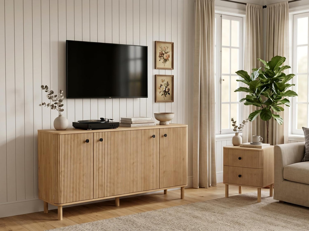 55'' Large Fluted Sideboard Buffet Cabinet, Kitchen & Dining Natural Oak Wood Buffet, Adjustable Shelves, Solid Wood