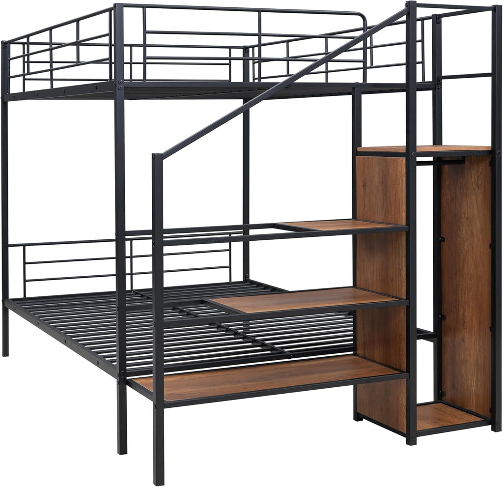 Full Over Full Metal Bunk Bed with Storage Stairs and Wardrobe, Bunk Bed for Adults/Kids/Teens, Black