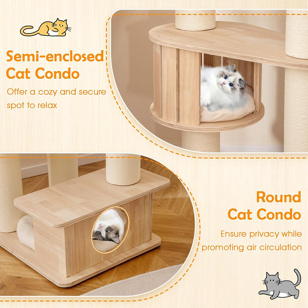 69" Tall Cat Tree, Multi-Layer Wood Cat Tower with Scratching Posts, Perch, Condo, Space Capsule, Hammock, Washable
