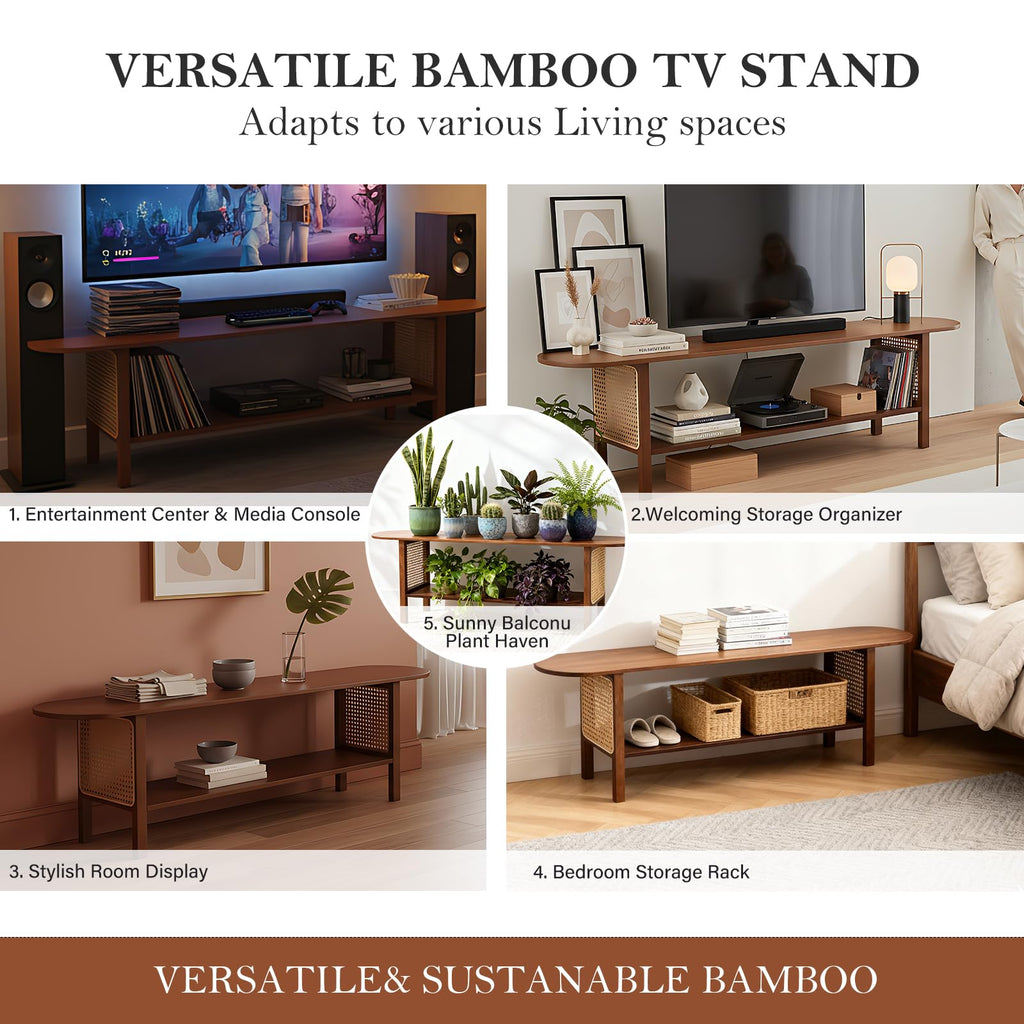 Walnut TV Stand for 65-Inch TVs, 2 Open Shelves, Rattan Media Console