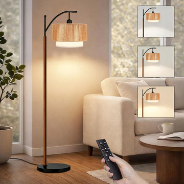 Arc Black Floor Lamp Bedroom with Remote, Rattan Boho Floor Lamps with 3 Color Temperatures, Rustic Standing Lamp with