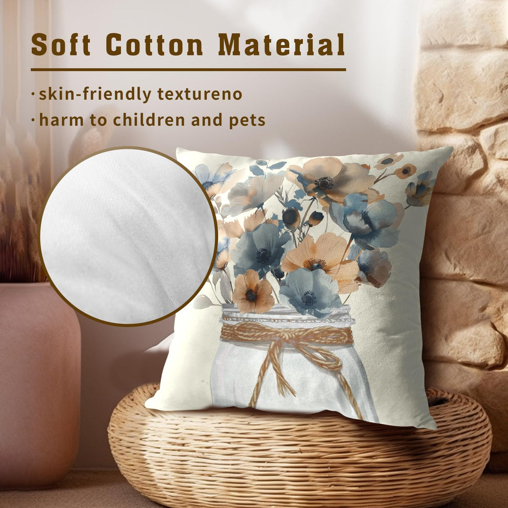 Watercolor Floral Throw Pillow Covers 22x22 Inch Set of 2, Rustic Grey Tan Flowers Decorative Pillowcase Zippered