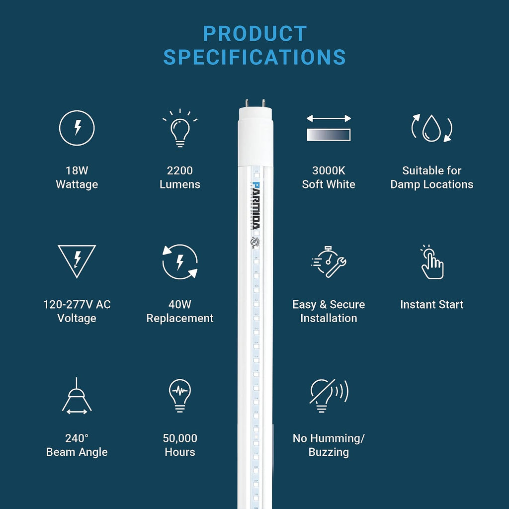 LED T8 Hybrid Type A+B Light Tube, 4FT, 18W (40W Replacement), Clear Cover, Single-End OR Dual-End Powered